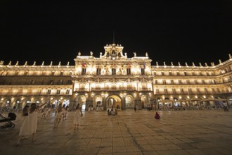 Illuminated town hall at Plaza Mayor at night, Salamanca, province of Salamanca, Castile and Leon,