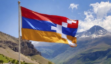 The flag of Nagorno-Karabakh flutters in the wind