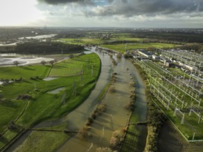 Wesel, North Rhine-Westphalia, Germany, flood on the Lippe, river in the Ruhr area, right Amprion