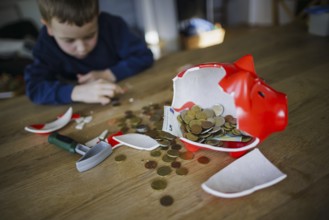 Symbolic photo on the subject of saving. A boy smashes his savings slip and counts the money it