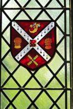 Stained glass heraldry picture, Ely cathedral, Cambridgeshire, England, UK