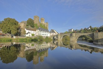 Old Lahn bridge built 1448 with castle built 12th century, Lahn valley, reflection, historic stone