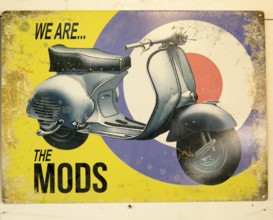 We are the Mods motorcycle scooter 1960s metal sign, Marlesford Mill, Suffolk, England, UK