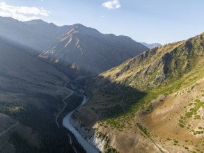 Mountain landscape with river in a narrow mountain valley in autumn, Little Naryn or Kichi-Naryn,