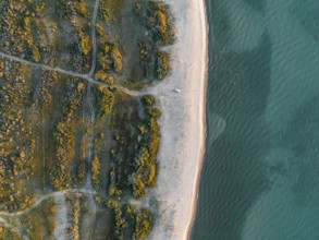 Top-down, aerial view, landscape at Lake Issyk Kul, Kyrgyzstan, Asia