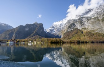 Königssee with Watzmann massif and pilgrimage church of St. Bartholomä, autumnal mountain landscape
