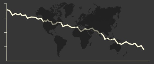 Illustration with falling share price and a world map symbolising a declining (world) economy