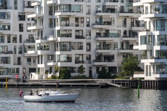 Residential buildings, apartment buildings, condominiums, at the harbour, Havneholmen, near