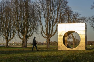 Rheinpark Neuss, cube structure as a recreation area, built as part of Euroga 2002plus, view of the