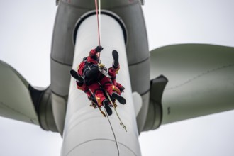 Height rescuers from the Gelsenkirchen fire brigade practise abseiling from a wind turbine from a