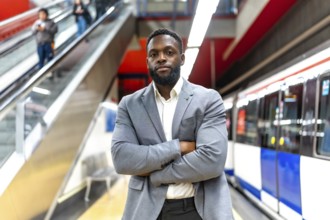Young black businessman standing with crossed arms in subway station, waiting for transportation,