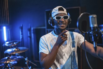 Young happy african american singer recording vocals for new hit in professional music studio