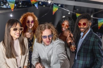 Diverse friends with elegant clothes and sunglasses taking selfie together drinking champagne in a