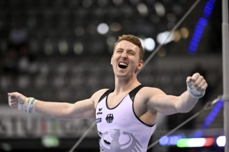 Nils Dunkel GER cheers after routine on rings gymnastics, EnBW DTB-Pokal, Porsche-Arena, Stuttgart,