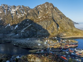 Aerial view, village, steep mountains, coast, winter, fog, evening light, A i Lofoten, Moskenesoya,