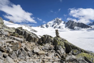 High alpine mountain landscape, Glacier du Tour, glacier and mountain peak, summit of the Aiguille