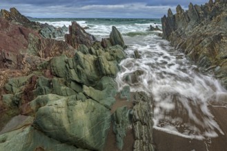 Colourful rocks, rock, coast, sea, waves, cloudy, Varanger Peninsula, Norway, Europe