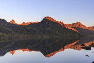 Mountains reflected in fjord, morning light, sunny, autumn, Annfjord, Vesteralen, Norway, Europe