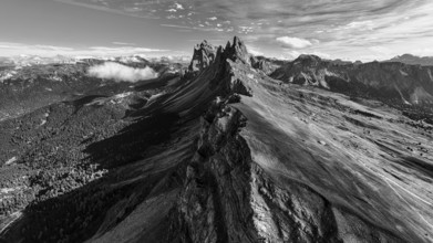 The peaks Sas Rigais and Furchetta of the Geisler group, drone image, black and white image, Val