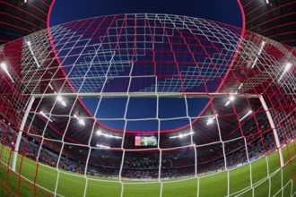 Overview, interior, floodlit match, behind-the-goal perspective, goal net, blue hour, fisheye shot,
