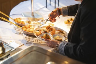 One person fills their plate with a selection of delicious buffet dishes, Europäischer Hof,