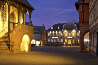 View with the late Gothic town hall of Goslar in the evening towards the market, Old Town, UNESCO