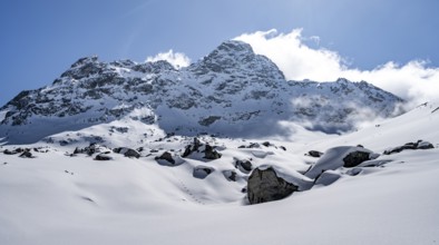 Picturesque snow-covered mountain landscape with Piz Kesch summit, Bündner Haute Route ski tour,