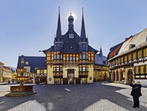 Market square with town hall backlit, Wernigerode, Harz, Saxony-Anhalt, Germany, Europe