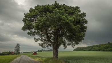 Stormy atmosphere over fields and trees, Olavsweg near Stange, Mjosa, Norway, Europe