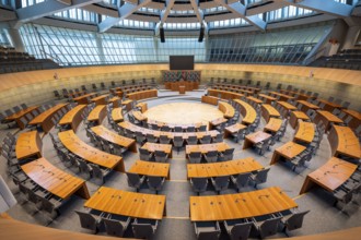 The empty plenary chamber of the North Rhine-Westphalia state parliament in Düsseldorf, North