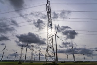 Wind farm, power line, high-voltage pylons, east of Bad Wünnenberg, OWL, North Rhine-Westphalia,