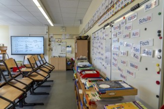 Classroom of a fourth grade, after school, the building is older but in good condition, modern