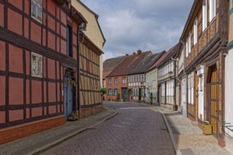 Half-timbered houses in Seehäuser Straße in Werben in the Altmark. Hanseatic town of Werben,