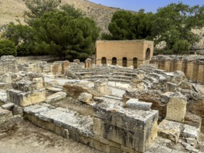 View of ruins of historic Roman amphitheatre from antiquity in excavation site remains of ancient