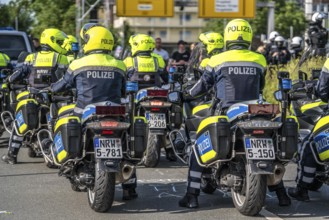 Police officers, police motorbikes, in action at the demonstration against the AFD party conference