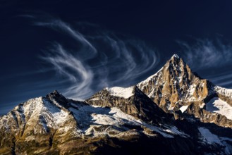 The Bietschhorn near Visperterminen, Swiss Alps, mountain, church, church tower, village, mountain