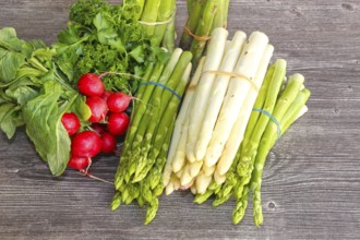 Green asparagus and white asparagus decorated on a rustic wooden table