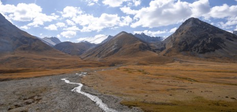 Burkhan valley with river, mountain landscape with glaciated peaks and golden meadows, Terskey