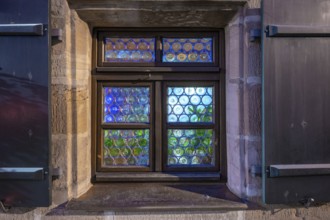 Old Franconian bull's-eye windows on a historic pub, Nuremberg, Middle Franconia, Bavaria, Germany,