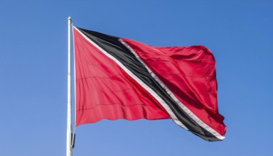 The flag of Tobago, Caribbean, flutters in the wind, isolated against a blue sky