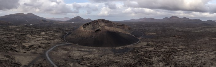 Aerial view of the El Cuervo volcano at sunrise, Lanzarote, Lanzarote, Canary Islands, Spain,