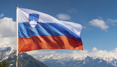 Flags, the national flag of Slovenia flutters in the wind