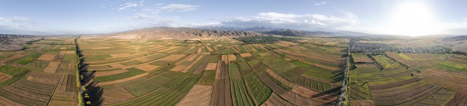 Aerial view, Cultivated fields, Agriculture, Landscape, Kyrgyzstan, Asia