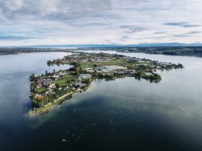 Aerial view of the north-western tip of the island of Reichenau in Lake Constance, with the