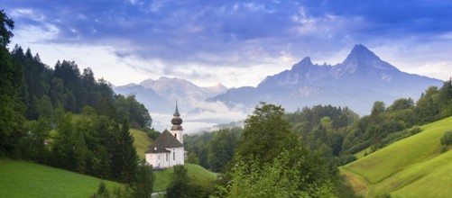 Maria Gern pilgrimage church, view of the Watzmann, in front of sunrise, Berchtesgarden Alps,