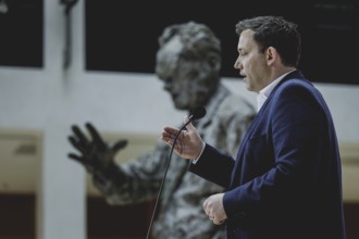 Lars Klingbeil, SPD party chairman, speaks to the press at the kick-off meeting of the SPD party