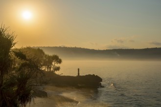 Bay of Nusa Lembongan in the morning, haze, morning mist, beach, bay, sea bay, coastal landscape,