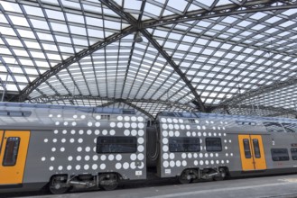Local train and glass roof at Cologne Central Station, Cologne, Rhineland, North Rhine-Westphalia,