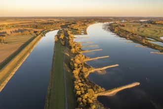 Aerial view of channel Gnevsdorfer Vorfluter and river Elbe at sunset, between Wittenberge and