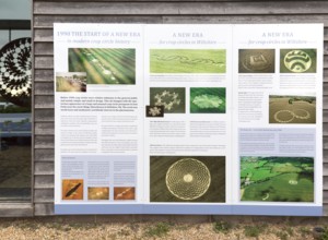 Information board panel about crop circles at the Barge Inn, Honeystreet, Wiltshire, England, UK